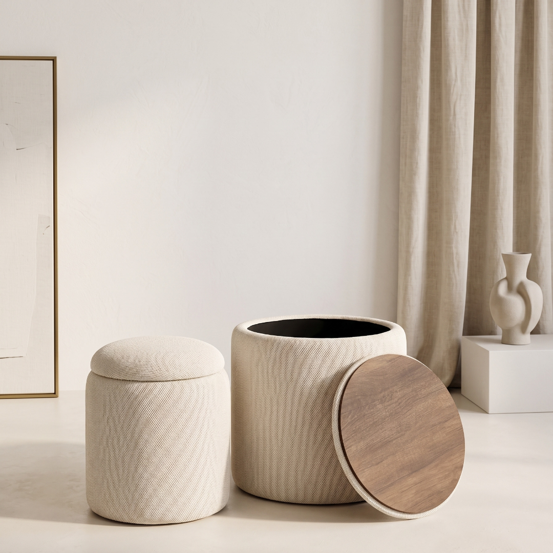 Duo de Poufs Coffres de Rangement en Tissu Bouclette