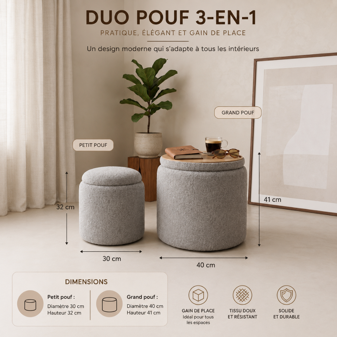 Duo de Poufs Coffres de Rangement en Tissu Bouclette