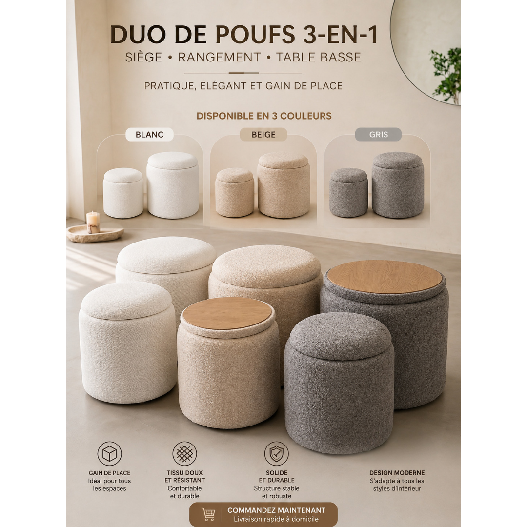 Duo de Poufs Coffres de Rangement en Tissu Bouclette