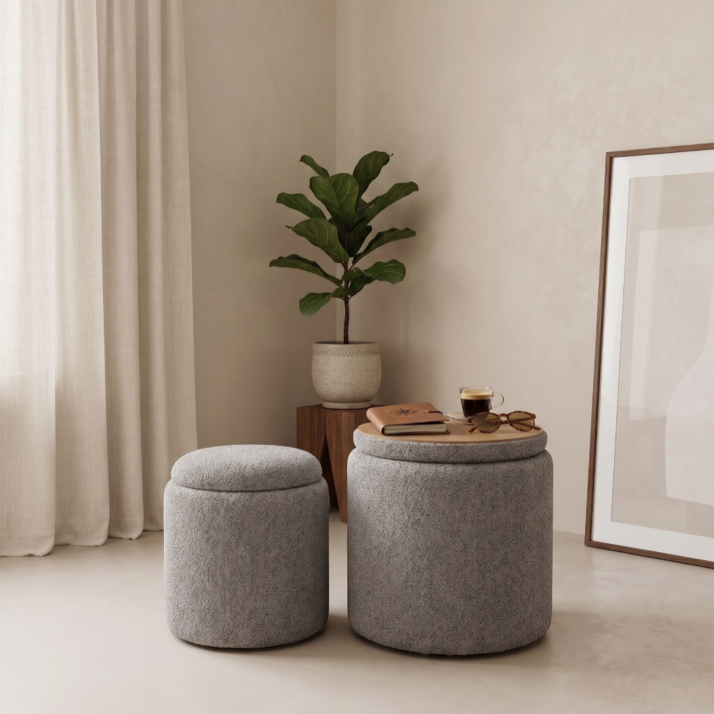 Duo de Poufs Coffres de Rangement en Tissu Bouclette